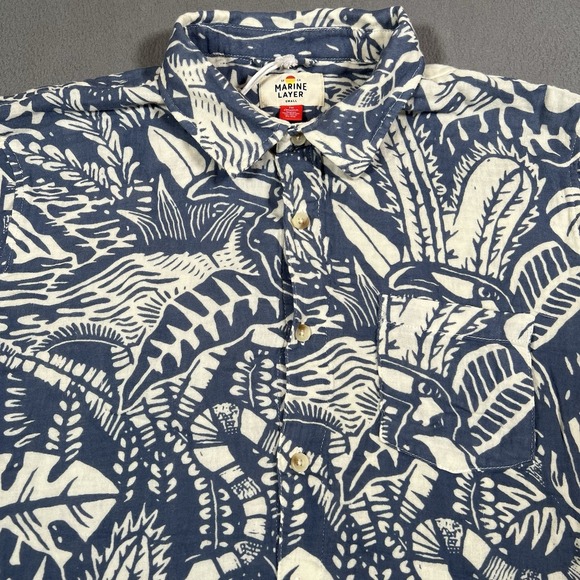 Marine Layer Shirt Men Small Blue Crinkle Double Cloth Tropical Jungle Button Up - Picture 1 of 7